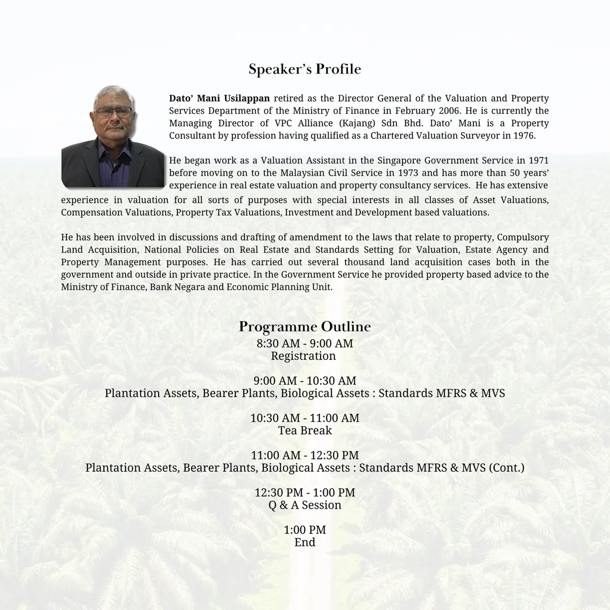Plantation Assets, Bearer Plants, Biological Assets: Standards MFRS & MVS — event material
